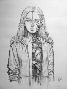 Schwarz-weiße Bleistiftzeichnung eines Robitermädchens, halb menschlich, halb Roboter.