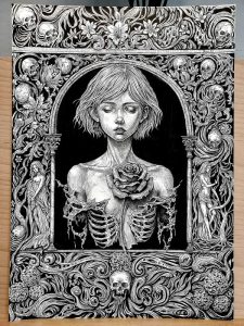 Ink Art, Tuschezeichnung eines jungen Mädchens. Nur der Oberkörper ist zu sehen, vor ihrem Brustkorb liegt eine große Rose. Die Bildränder sind mit Ornamenten verziert.