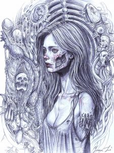 Tusche-Zeichnung eines Zombie-Mädchens. Im Hintergrund sind Totenköpfe zu sehen.
