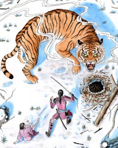 Teilfarbige Aquarellzeichnung im asiatischen Stil. Ein Samurai kämpft gegen einen riesigen Tiger.