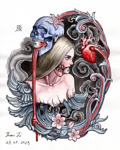 Aquarell im Gothic-Stil. Eine blonde Frau und ein Totenkopf, umrahmt von Ornamenten.