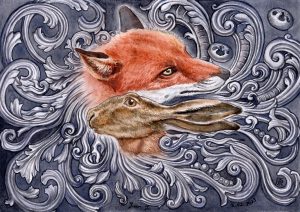 Farbiges Aquarell eines Hasen und eines Fuchses umrahmt von romantischen Ornamenten.