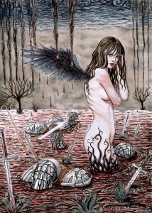 Farbiges Aquarell eines gefallenen Engels mit schwarzen Flügeln, der in einem See aus Blut steht.