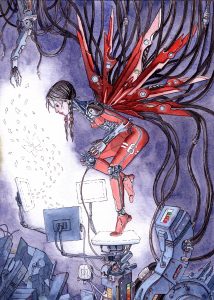 Farbiges Aquarell eines roten weiblichen Roboter-Engels.