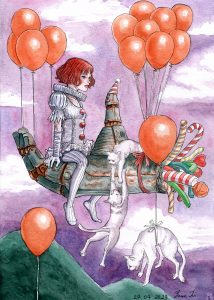 Farbiges Aquarell eines weiblichen Harlequins mit roten Haaren. Das Mädchen sitzt auf einer fliegenden Roboterhand, die von roten Luftballons getragen wird. An der Hand hängen weiße Katzen.