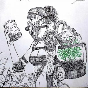 Tusche-Zeichnung einer jungen Frau mit Zöpfen und Atemschutzgerät.