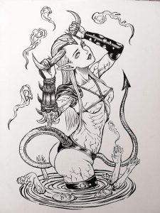 Tusche-Zeichnung einer Teufelin, die ihre Hörner mit den Händen greift.