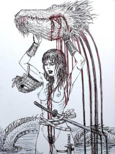 Tusche-Zeichnung einer nackten Frau, die einen abgeschnittenen Drachenkopf in die Luft hält.