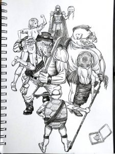 Tusche-Zeichnung von zwei Dämonen, die eine Frau entführen. Das Bild zeigt eine Szene aus der Serie Turtles.