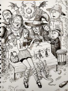 Tusche-Zeichnung eines jungen Mädchens, das auf einer Bank sitzt und ein Buch liest. Im Hintergrund sind mehrere Horrorfiguren zu sehen.