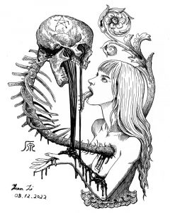 Tusche-Zeichnung im Gothic-Stil. Eine Frau und ein Totenkopf mit gothischen Ranken im Hintergrund.