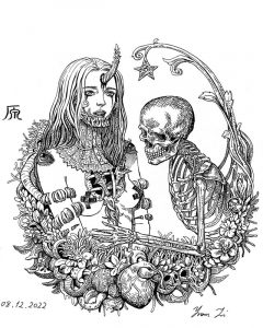 Tusche-Zeichnung einer Frau und eines Skeletts, die von Ranken und Ornamenten umgeben sind.