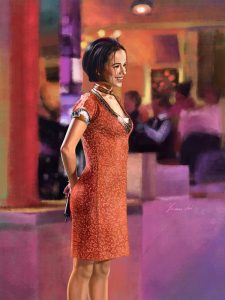 Digital-Art-Bild in farbe. Ein junges Mädchen mit kurzen dunklen Haaren und rotem Kleid steht lächelnd vor verschwommenem Hintergrund.