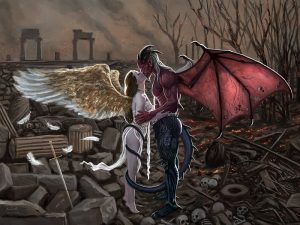 Digital-Art-Bild eines Engels, der einen Dämon küsst. Im Hintergrund ist eine verwüstete Landschaft zu sehen.