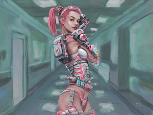 Digital-Art-Bild einer jungen Frau mit rosa Haaren.