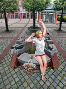 Digital-Art-Bild eines jungen Mädchens mit hellen Haaren, das auf einer halbrunden Bank sitzt und die Arme in die Luft streckt.