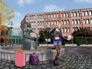 Digital-Art-Bild eines jungen Mädchens mit hellen Haaren, die neben einem Brunnen Musik hört.