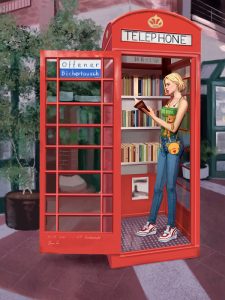 Digital-Art-Bild eines jungen Mädchens mit kurzen Haaren, die in einer roten Telefonzelle steht und ein Buch in der Hand hält.