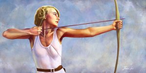 Digital-Art-Bild einer blonden Frau, die einen Bogen schussbereit gespannt hält.