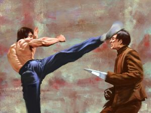 Digital-Art Bild von zwei kämpfenden Männern im aisatischen Stil. Motiv aus dem Film Bruce Lee Der Mann mit der Todeskralle.