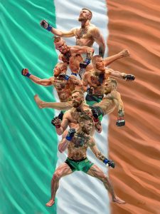 Digital-Art von Conor McGregor in mehreren verschiedenen Posen vor dem Hintergrund einer irischen Flagge.