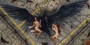 Digital-Art eines verbrannten gefallenen Engels, der auf dem Boden liegt. Neben dem Engel liegen zwei rothaarige Frauen.