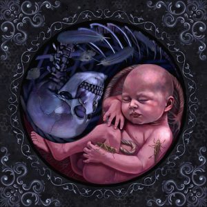 Digital-Art im Ying-Yang-Stil. Ein Baby und ein Skelett liegen nebeneinander.