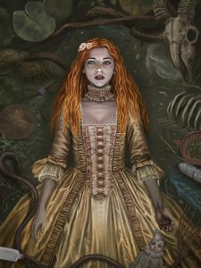 Digital-Art einer rothaarigen jungen Fa´rau im barocken Kleid vor düsterem Hintergrund.