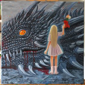Ölmalerei eines jungen blonden Mädchens, das neben einem liegenden Drachen steht. Das Mädchen steht mit dem Rücken zum Betrachter.