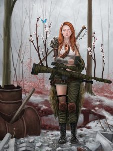 Digital Art einer jungen Frau in Kampfmontur und winterlicher Umgebung.