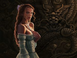 Digital Art einer jungen Frau im schulterfreien Kleid, die vor einem asiatischen Drachenrelief steht.