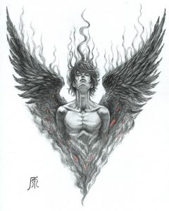 Schwarz-weiße Bleistiftzeichnung eines männlichen Engels mit schwarzen Flügeln.