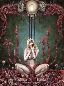 Digital Art einer nackten jungen Frau zwischen Totenköpfen in dystopischer Umgebung.