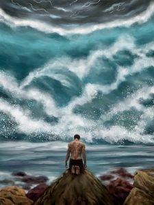Digital Art eines knienden Mannes am tosenden Meer.