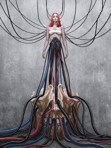 Digital Art einer Frau ohne Unterkörper. Aus ihr verteilen sich viele Kabel nach unten weg.