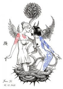 Tusche-Zeichnung eines weiblichen Engels und eines weiblichen Dämons.