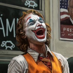Digital Art von Joaquin Phoenix als Joker mit geschminktem Gesicht.