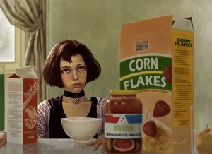 Digital Art eines jungen Mädchens am Frühstückstisch aus dem Film Leon der Profi.