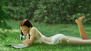 Digital Art eines jungen Mädchens, das im Regen auf einer Wiese liegt und liest.