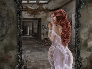 Digital Art einer jungen Frau im weißen Spitzenkleid vor einem großen Spiegel in düsterer Szenerie.