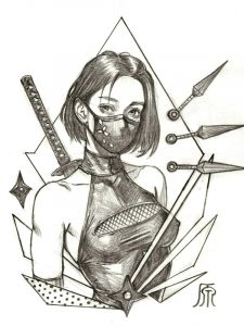 Schwarz-weiße Bleistiftzeichnung eines weiblichen Ninjas mit Wurfmessern.