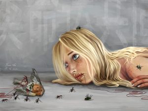 Digital Art einer liegenden jungen Frau, deren Lippen mit einem roten Faden zusammen genäht sind.