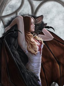 Digital Art einer jungen Frau, der eine große Vampirfledermaus Blut aus dem Hals saugt.