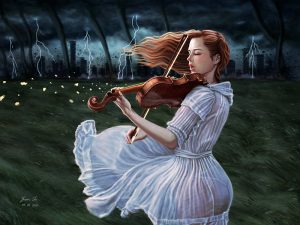 Digital Art einer jungen Frau im weißen Kleid, die vor stürmischer Kulisse Geige spielt.