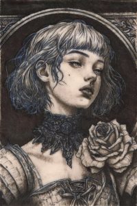 Tattoo-Übung auf Kunsthaut, junges Mädchen mit Rose im Barock-Stil.