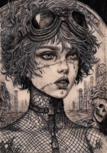 Tattoo-Übung auf Kunsthaut, junge Frau mit kurzen Haaren im Gothic-Look.