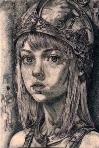 Tattoo-Übung auf Kunsthaut, junges Mädchen mit Ritterhelm, schaut den Betrachter an.