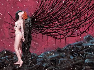 Digital Art einer jungen Frau im weißen Bikini, die neben einer dämonenhaften schwarzen Gestalt steht.