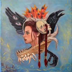 Ölmalerei eines Frauenkopfes in Seitenansicht. Um den Kopf herum sind Flügel, Masken und andere Elemente angeordnet.
