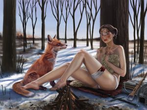 Digital Art einer jungen Frau, die im winterlichen Wald eine Beinwunde versorgt. Neben ihr sitzt ein Fuchs.